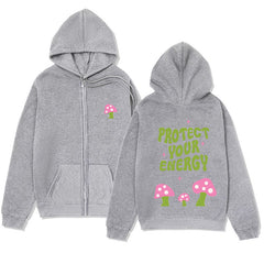 Mushroom Letter Print Hoodie – Minimalist Zip-Up Sweatshirt