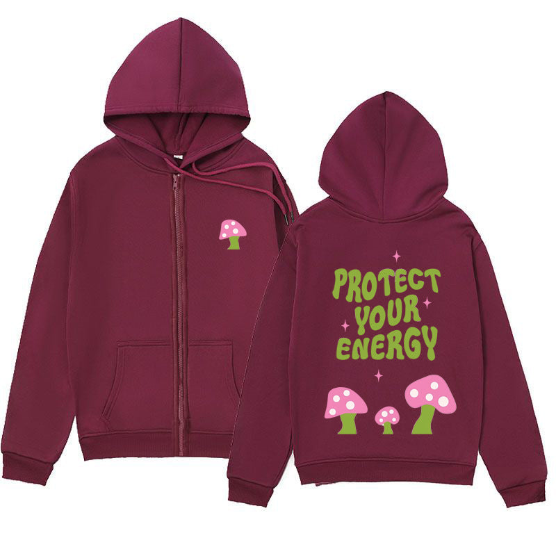 Mushroom Letter Print Hoodie – Minimalist Zip-Up Sweatshirt