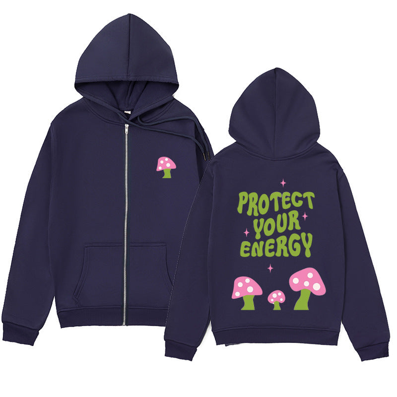 Mushroom Letter Print Hoodie – Minimalist Zip-Up Sweatshirt