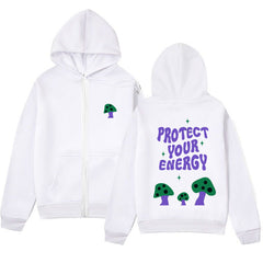 Mushroom Letter Print Hoodie – Minimalist Zip-Up Sweatshirt
