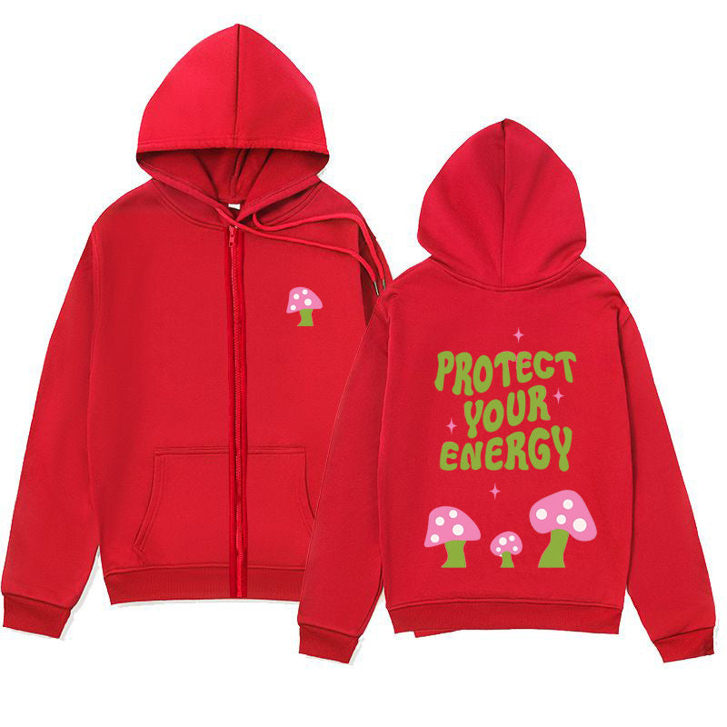 Mushroom Letter Print Hoodie – Minimalist Zip-Up Sweatshirt
