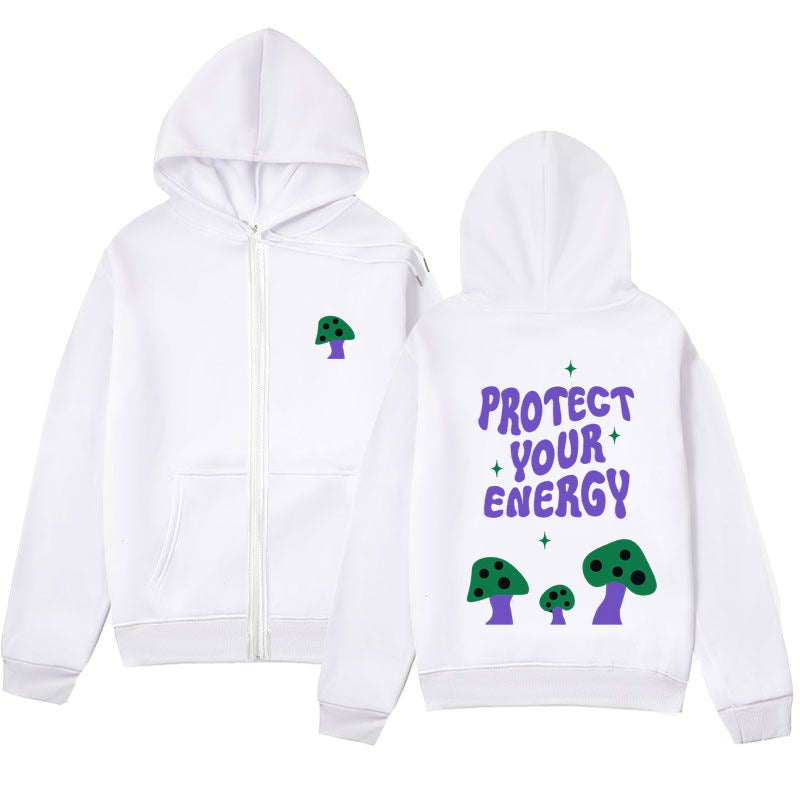 Mushroom Letter Print Hoodie – Minimalist Zip-Up Sweatshirt