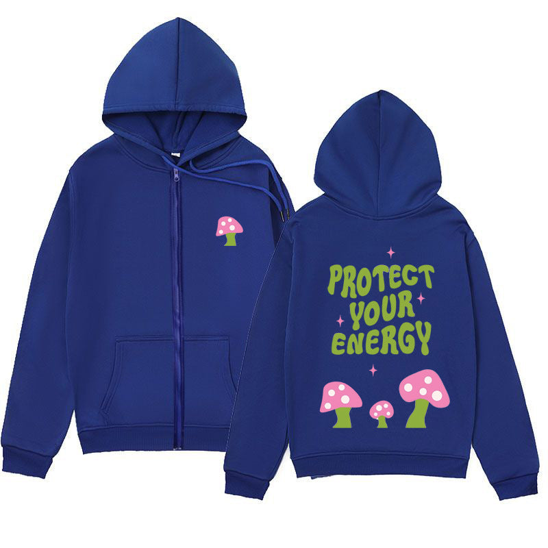 Mushroom Letter Print Hoodie – Minimalist Zip-Up Sweatshirt