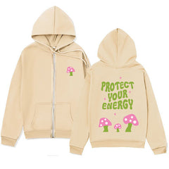 Mushroom Letter Print Hoodie – Minimalist Zip-Up Sweatshirt