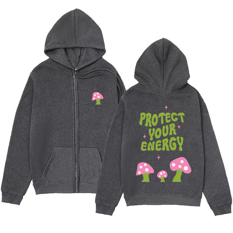 Mushroom Letter Print Hoodie – Minimalist Zip-Up Sweatshirt
