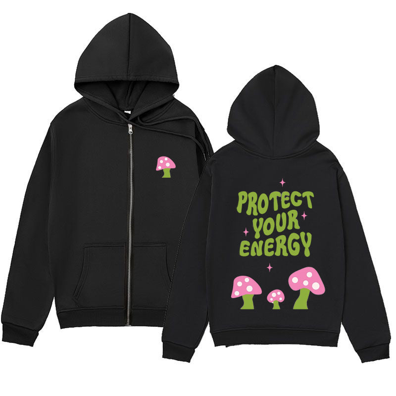 Mushroom Letter Print Hoodie – Minimalist Zip-Up Sweatshirt
