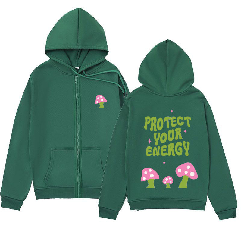 Mushroom Letter Print Hoodie – Minimalist Zip-Up Sweatshirt