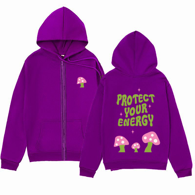 Mushroom Letter Print Hoodie – Minimalist Zip-Up Sweatshirt